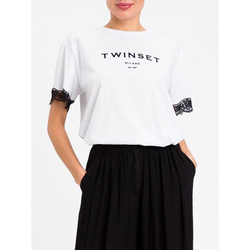 Twinset Women Twinset Cotton T-Shirt With Lace Inserts And Contrast Logo